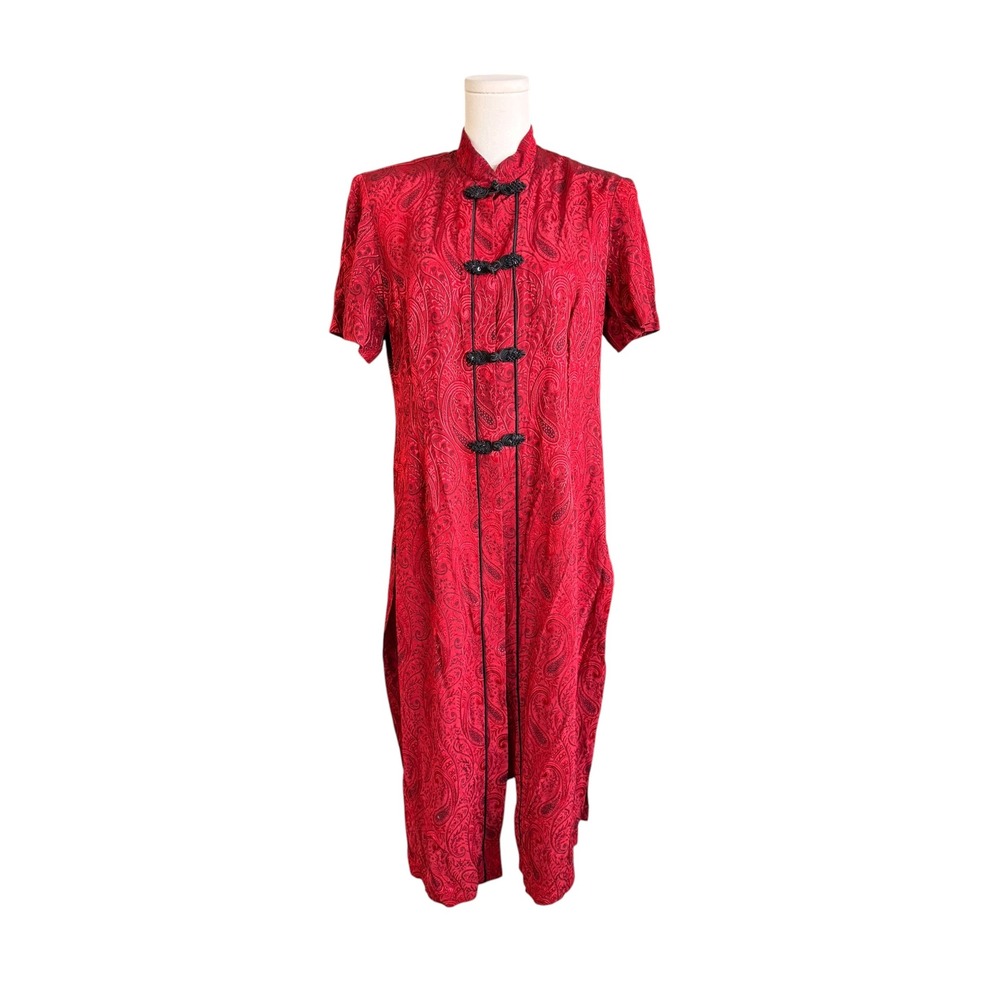 R&M Richards by Karen Kwong Vintage Red Paisley Frog Closure Midi Dress L XL